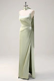 Sage Sheath Spaghetti Straps Streamer Convertible Long Satin Bridesmaid Dress with Slit