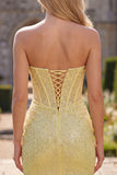 Yellow Bodyocn Strapless Beaded Corset Sequin Homecoming Dress