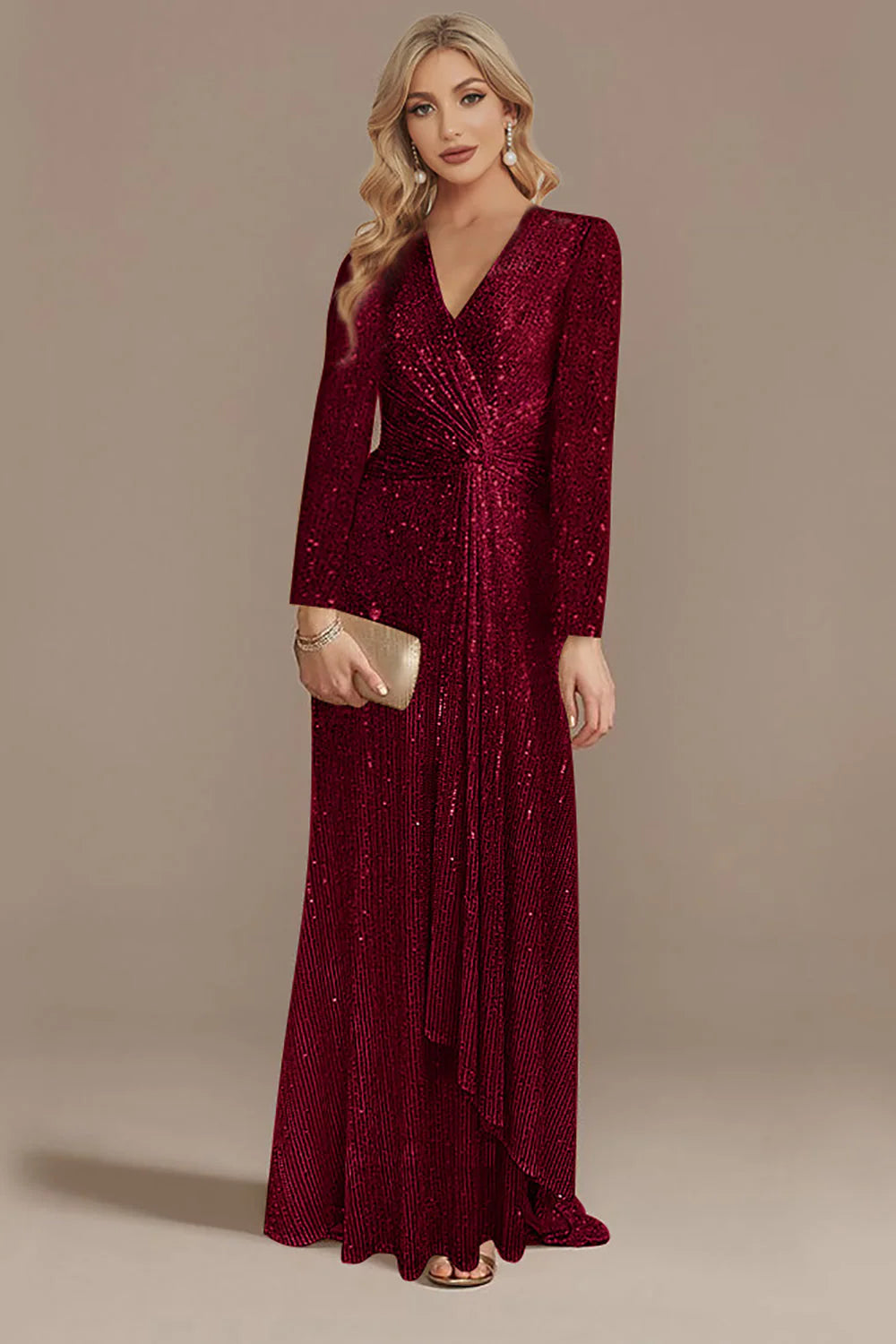 Sparkly Navy A Line V Neck Mother Of Bride Dress with Long Sleeves