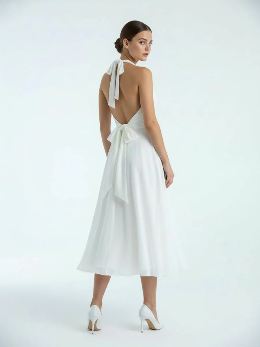Vintage Tea Length Chiffon Wedding Dress With Halter Neck and Bow