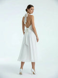 Vintage Tea Length Chiffon Wedding Dress With Halter Neck and Bow