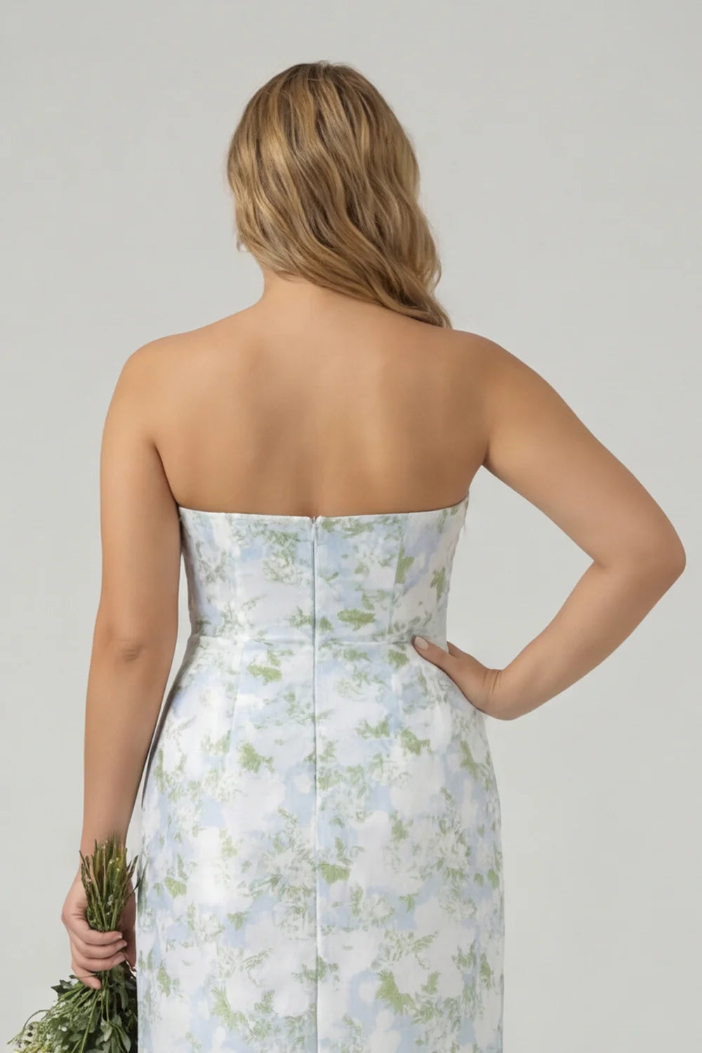 Floral Blue White Sheath Strapless Back Slit Satin Plus Size Bridesmaid Dress with Pockets