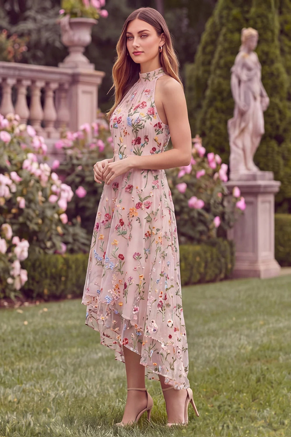 Halter A Line Pink Flower Embroidered High Low Wedding Guest Dress