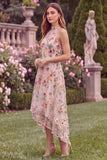 Halter A Line Pink Flower Embroidered High Low Wedding Guest Dress