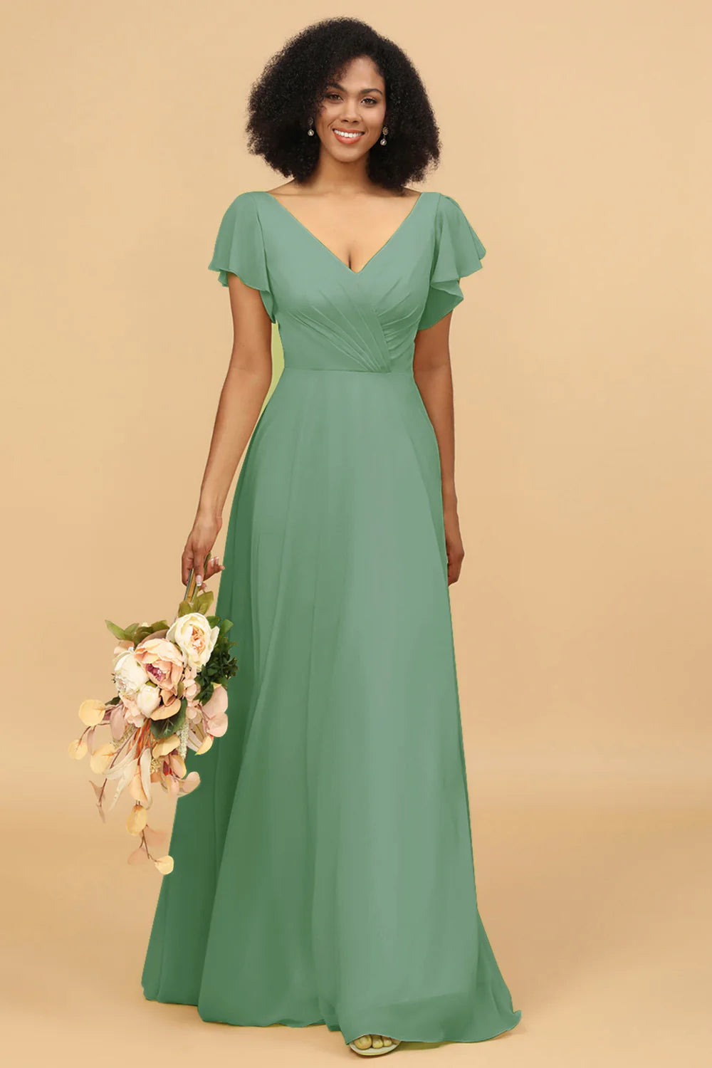 V Neck Cape Long Floor Length Chiffon Bridesmaid Dress