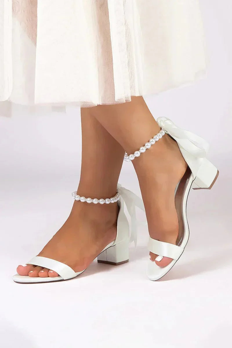 Block Heel Sandal Adorned with Pearl Ankle Band and Ribbon Bow