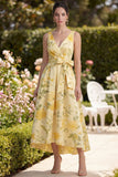 Yellow V Neck A Line Floral Wedding Guest Dress with Sash