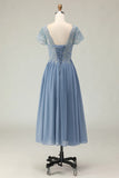 Dusty Blue A Line Appliqued V Neck Midi Mother of the Bride Dress with Capelet