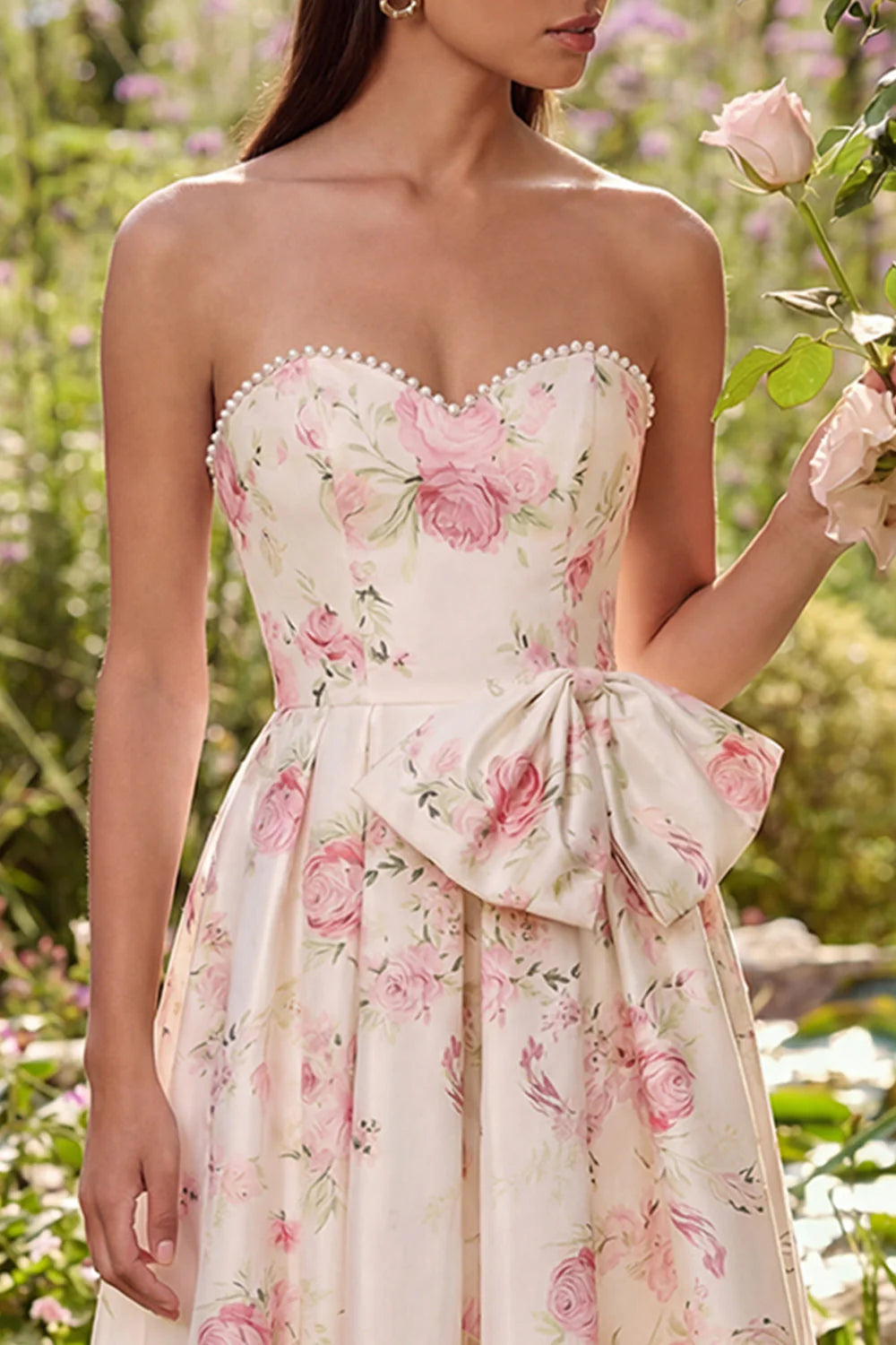 Floral Pink Sweetheart A Line Midi Wedding Guest Dress with Bow