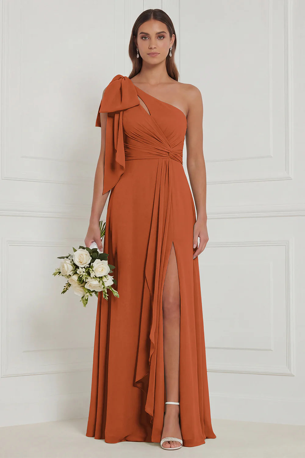 Sage A Line One Shoulder Long Bridesmaid Dress with Slit