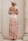 One Shoulder Dusty Rose Floral A Line Mother of the Bride Dress with Slit