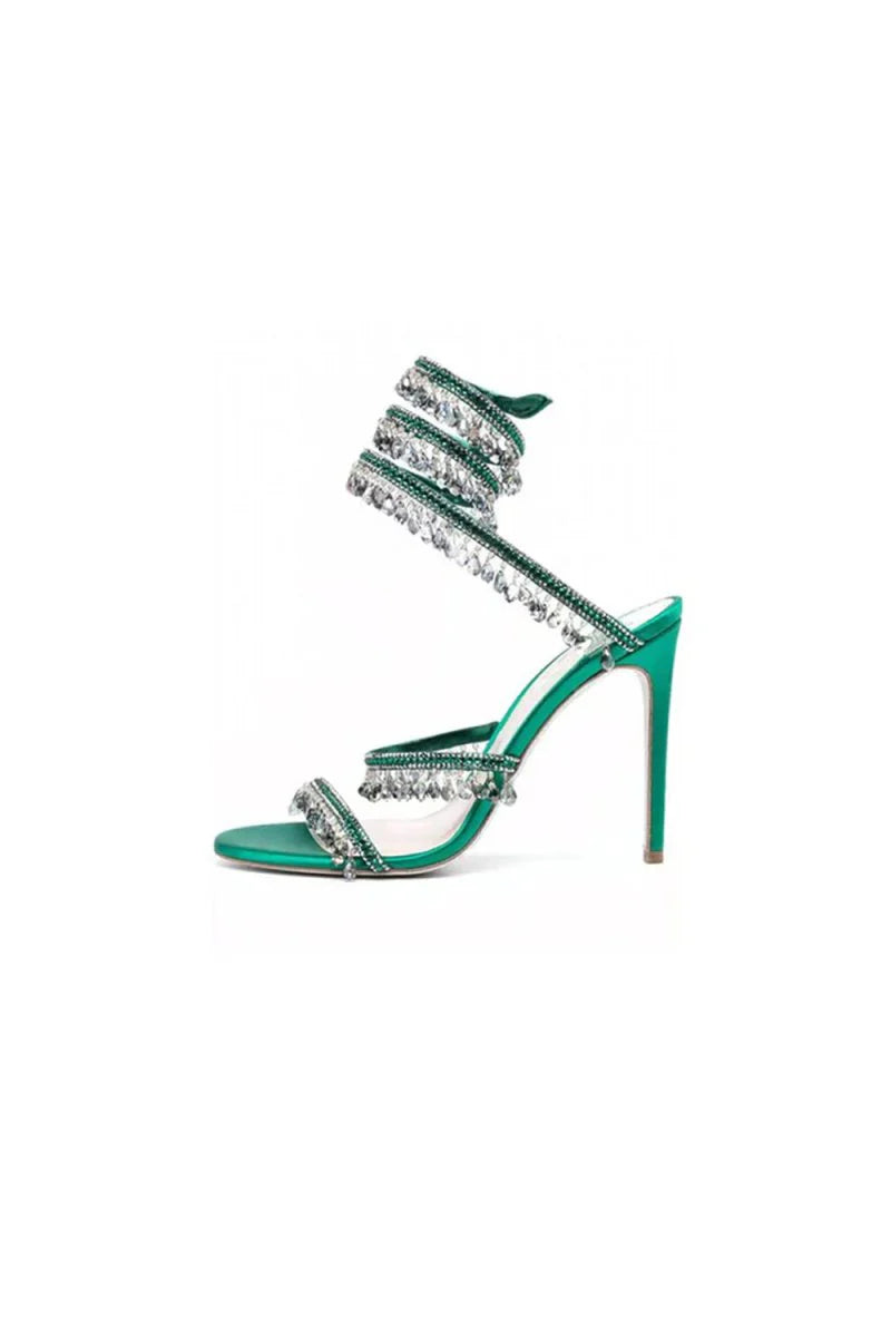 Open Toe Ankle Wrap Beaded Crystal Stiletto Heels