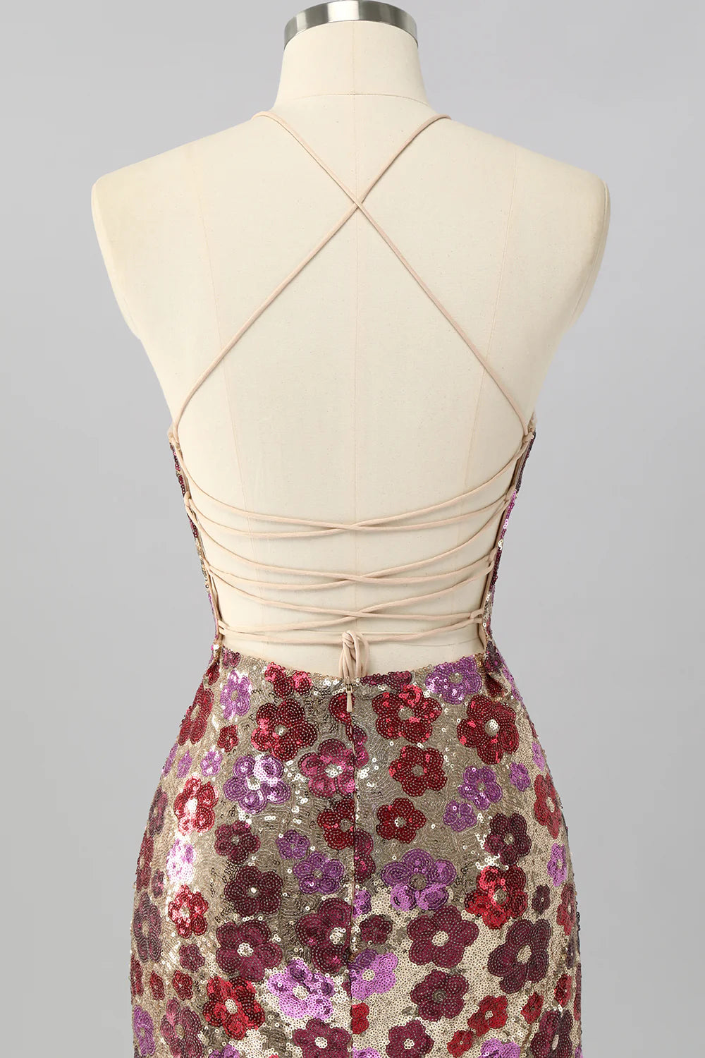Yellow Flower Bodycon Sequins Spaghetti Straps Homecoming Dress with Lace Up Back