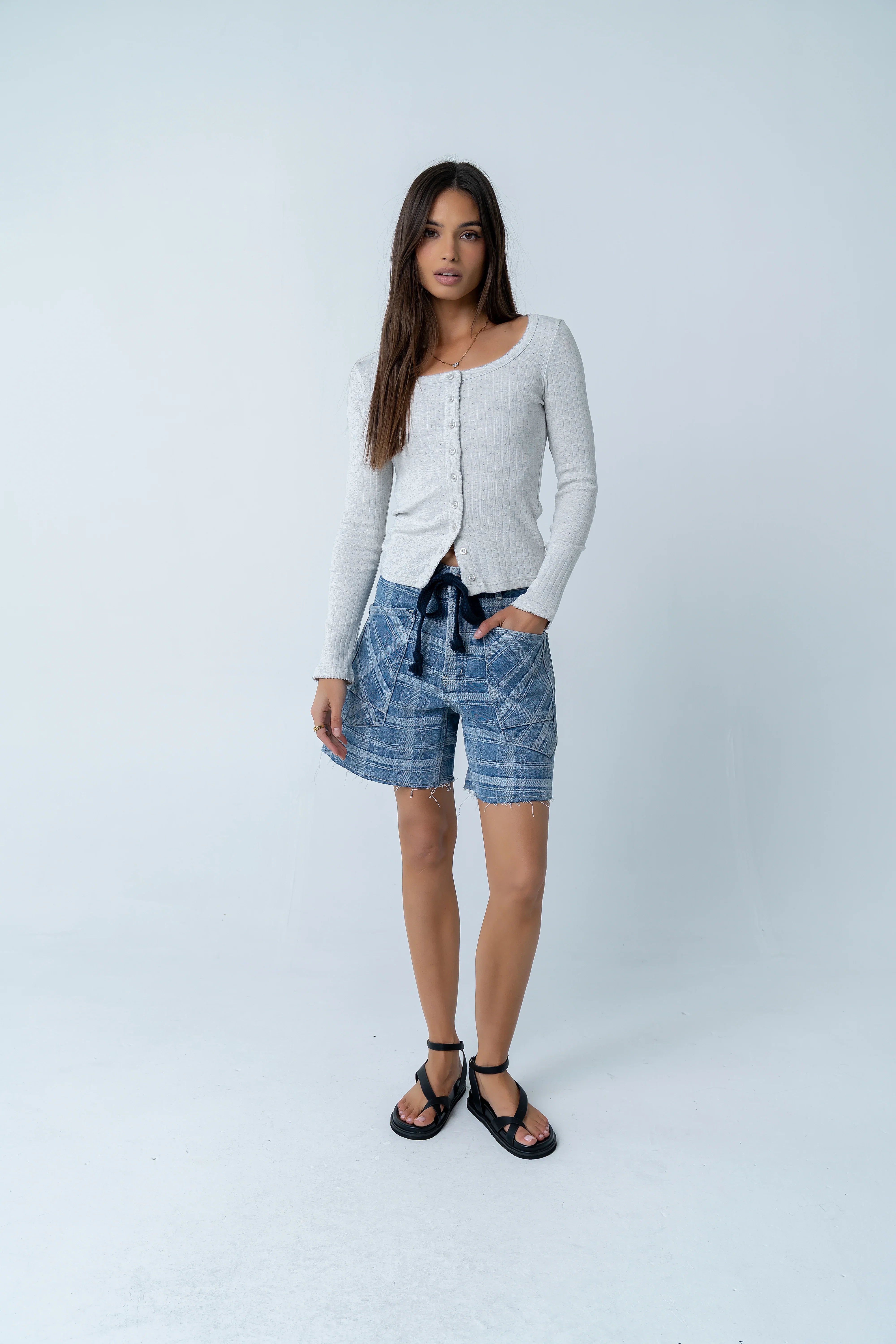 Roselyn Plaid Denim Shorts