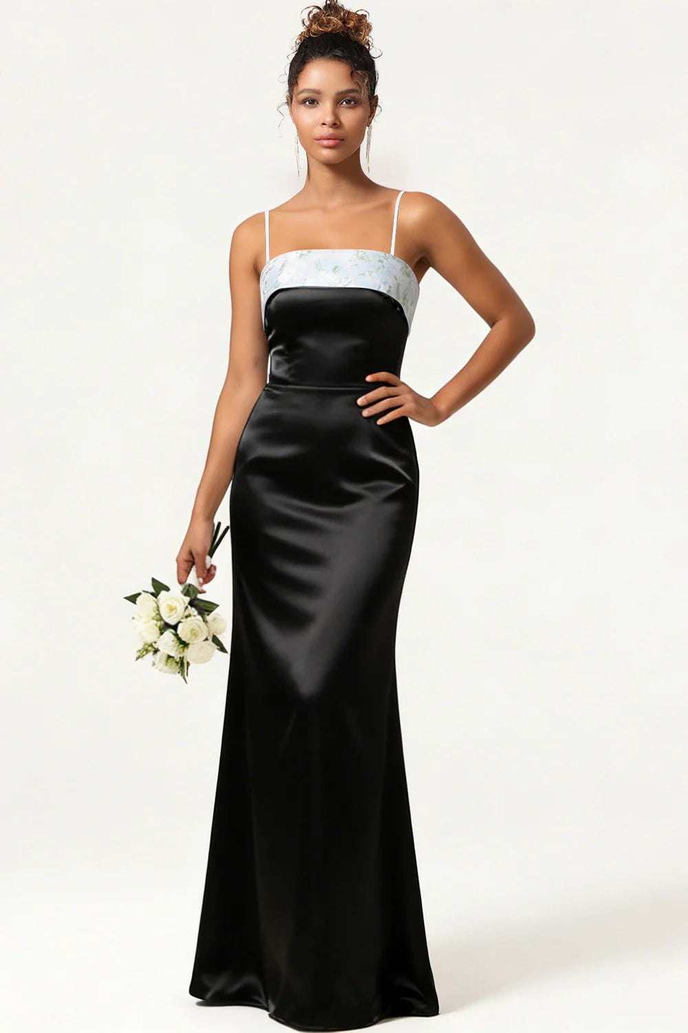 Blue Floral Spaghetti Straps Mermaid Satin Bridesmaid Dress with Bow