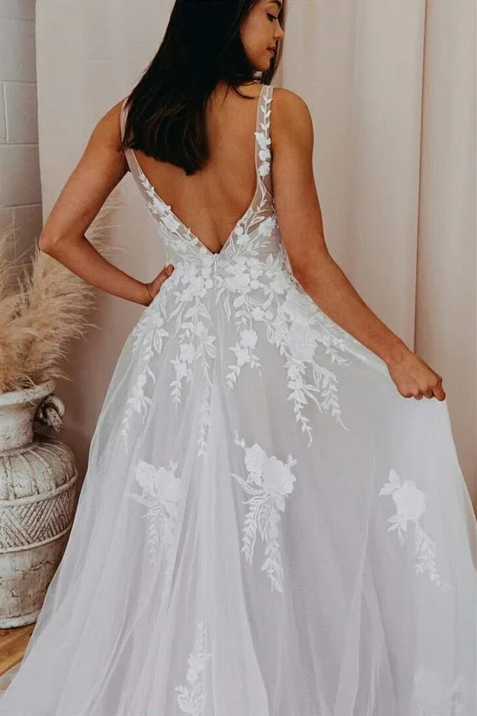A Line V Back Long White Wedding Dress with Lace Appliqued