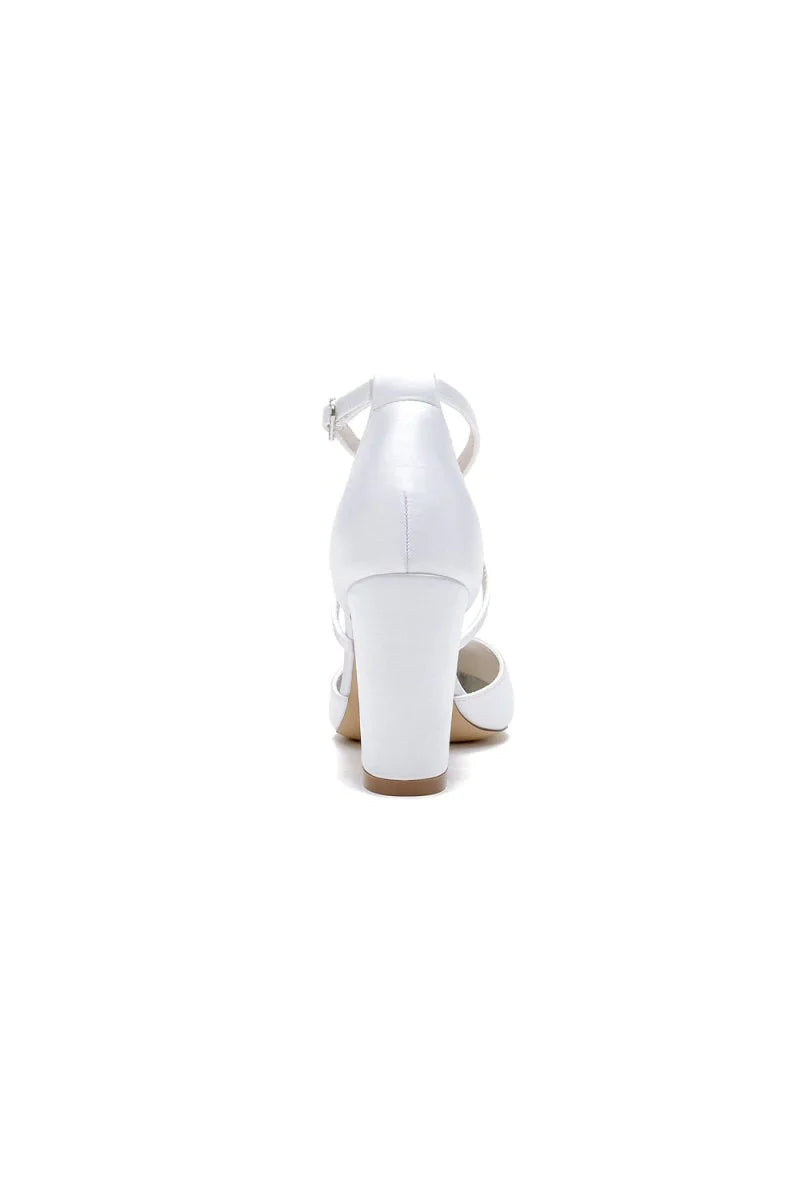 Pointed Toe Ivory Chunky Heels with Lace
