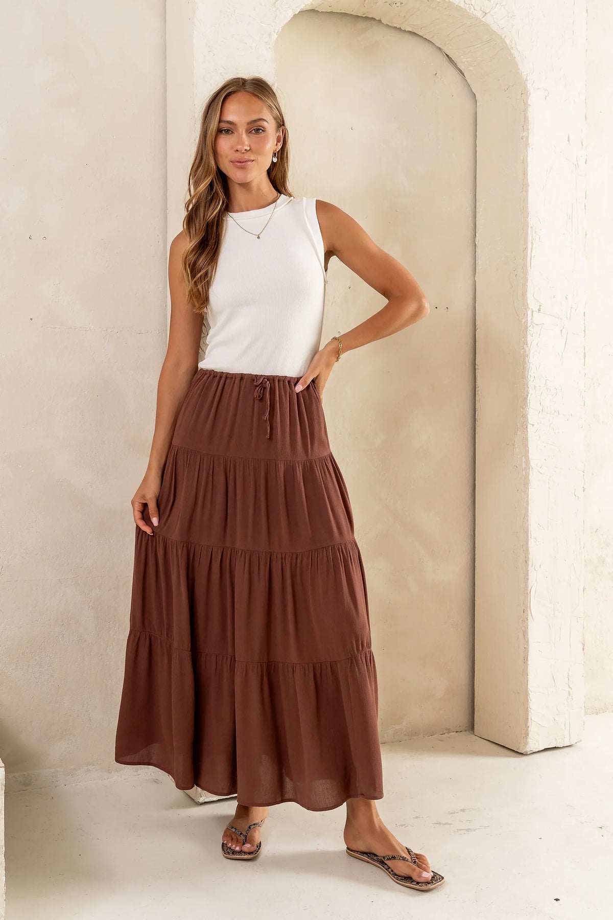 June Tiered Maxi Skirt in Brown FINAL SALE