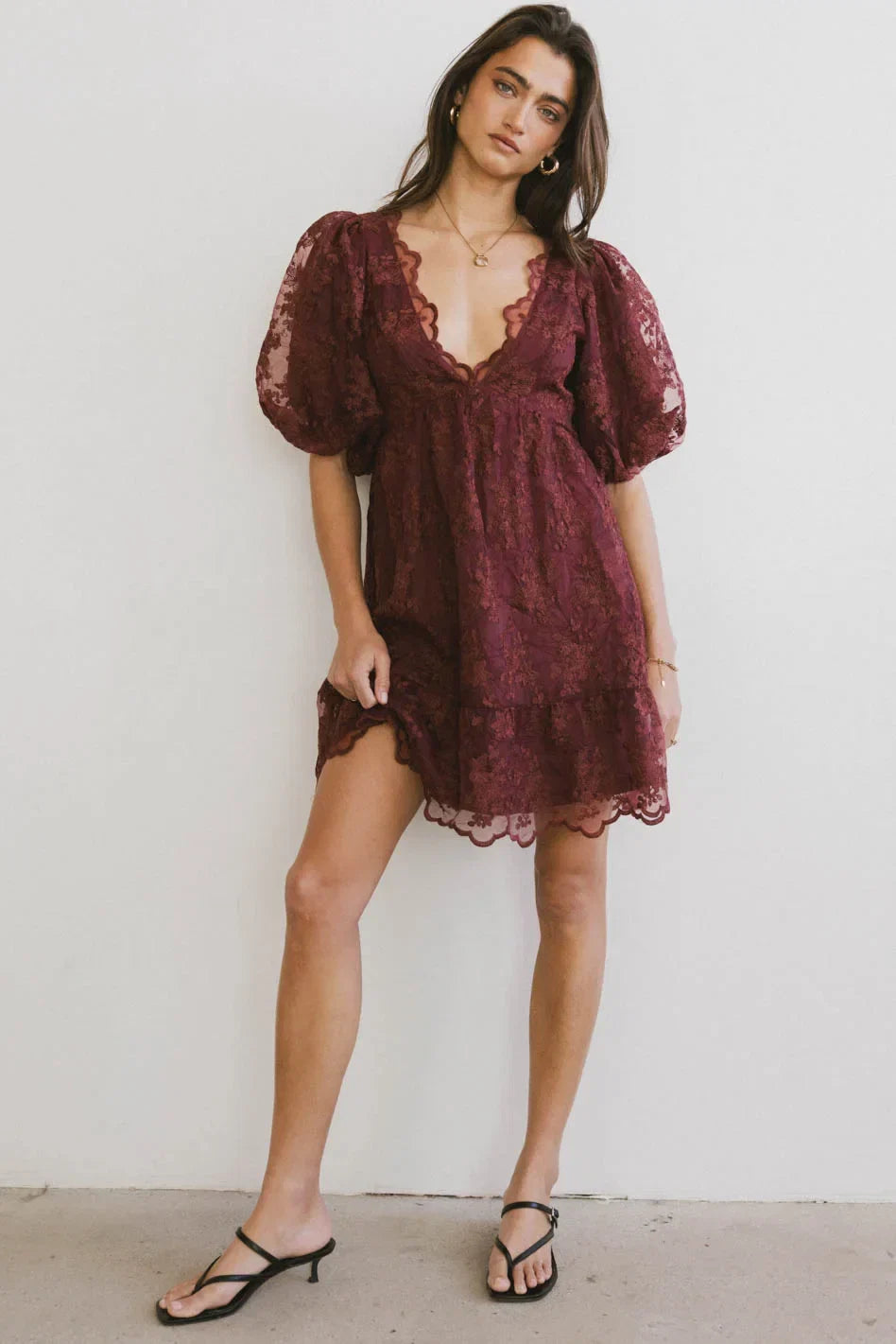 Tiana Embroidered Mini Dress in Red Brown FINAL SALE