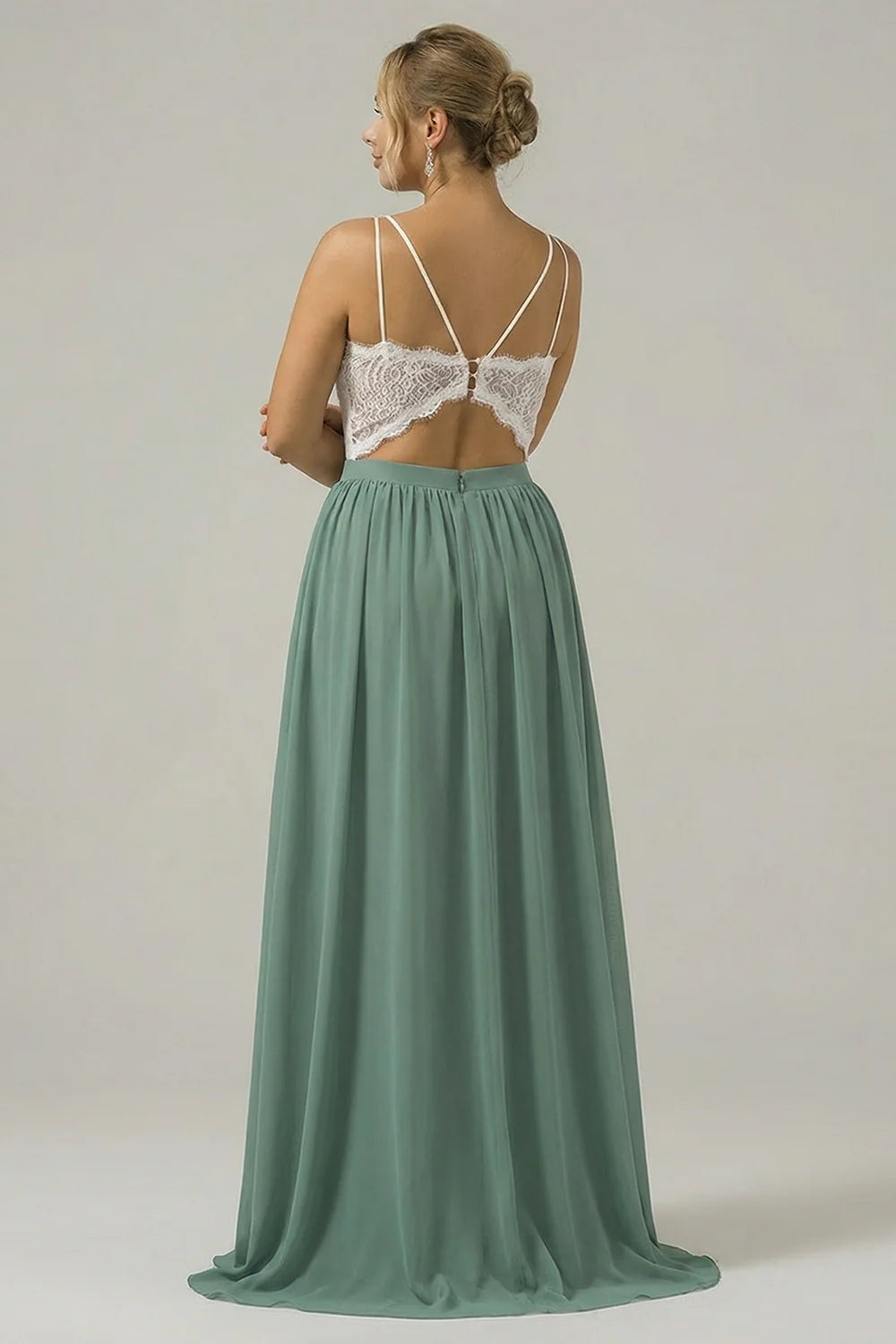 Eucalyptus Plus Size A Line Spaghetti Straps Pleated Long Bridesmaid Dress With Lace