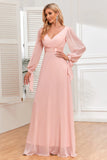 Blush A Line Chiffon V Neck Evening Dress with Long Sleeves