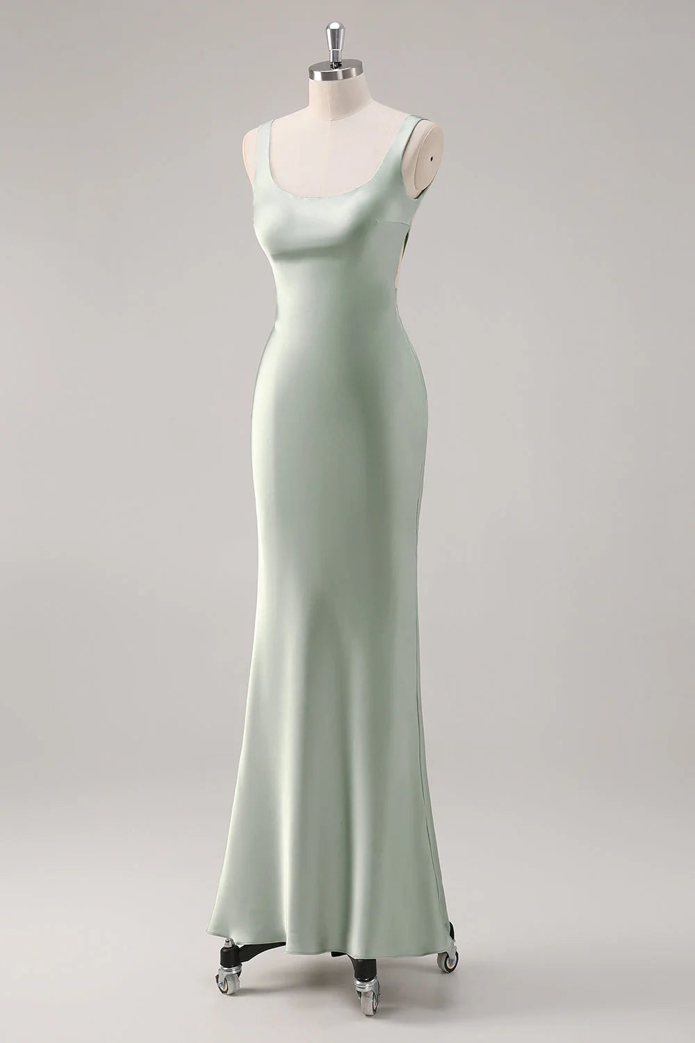 Sage Green Mermaid Square Neck Satin Long Bridesmaid Dress with Criss Cross Back
