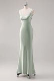 Sage Green Mermaid Square Neck Satin Long Bridesmaid Dress with Criss Cross Back