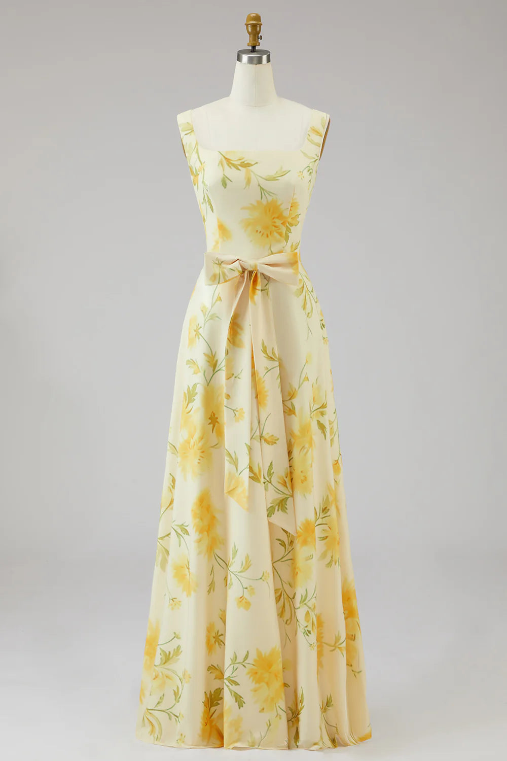 Yellow A Line Floral Bridesmaid Dress with Bow