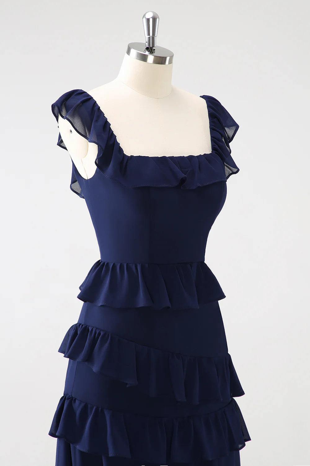 Dark Navy A Line Square Neck Tiered Long Chiffon Bridesmaid Dress with Ruffles