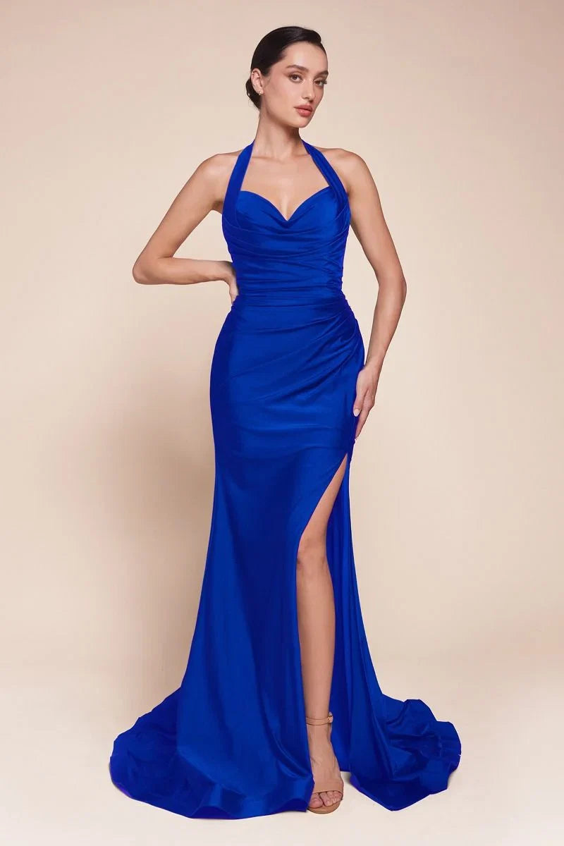 Autumn Gown Stretch Spandex Satin Halter Fitted Dress