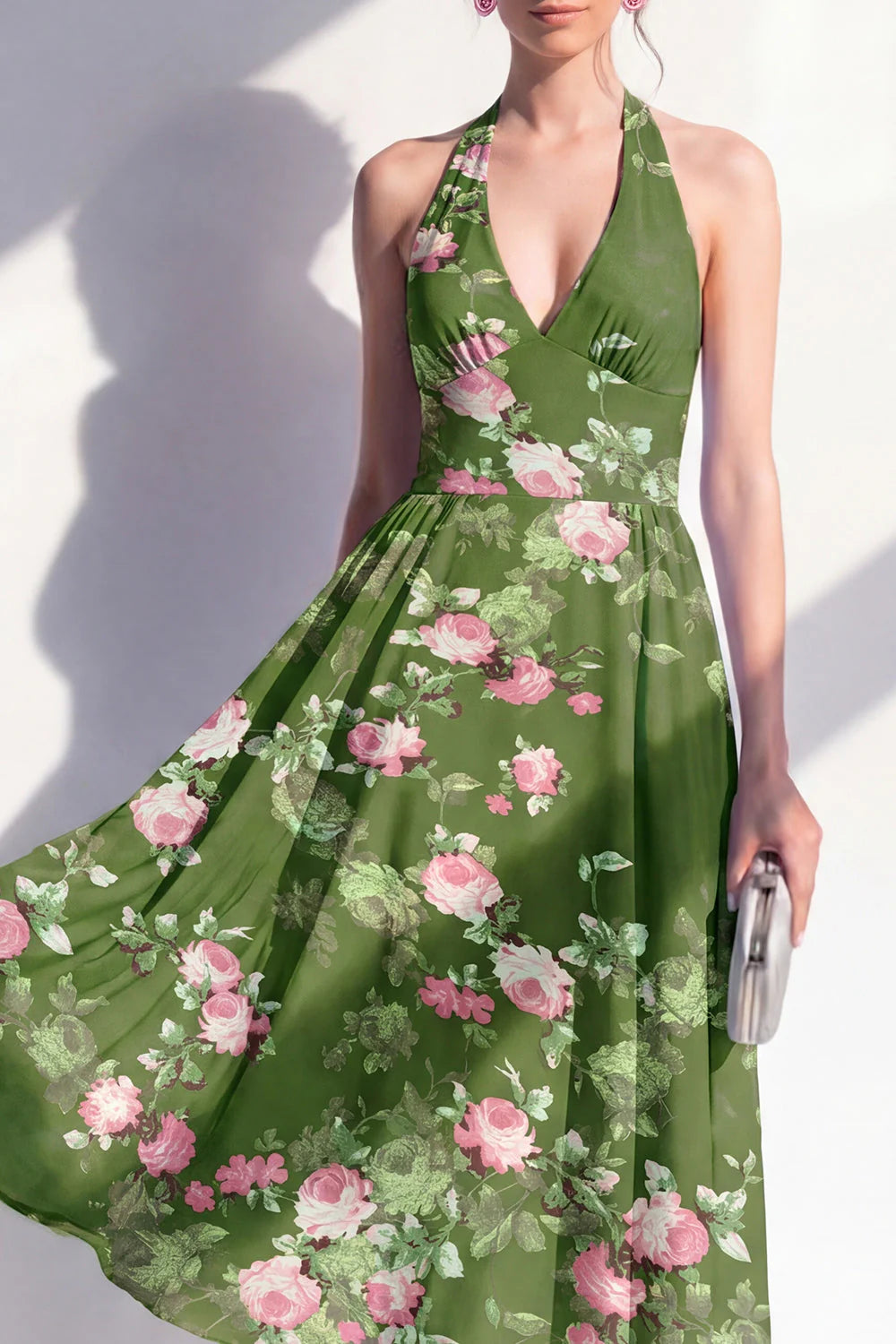 Dark Green Floral Halter A Line Midi Wedding Guest Dress
