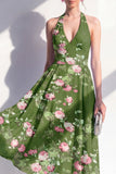 Dark Green Floral Halter A Line Midi Wedding Guest Dress