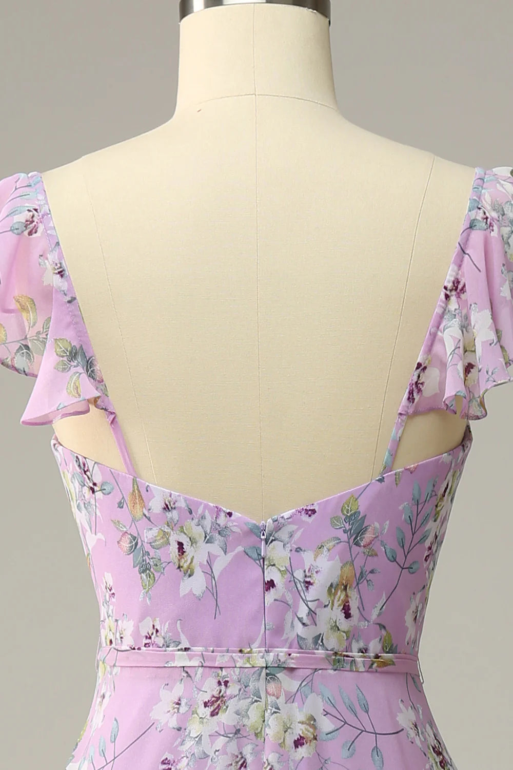 Purple White Flower A Line V Neck Chiffon Bridesmaid Dress