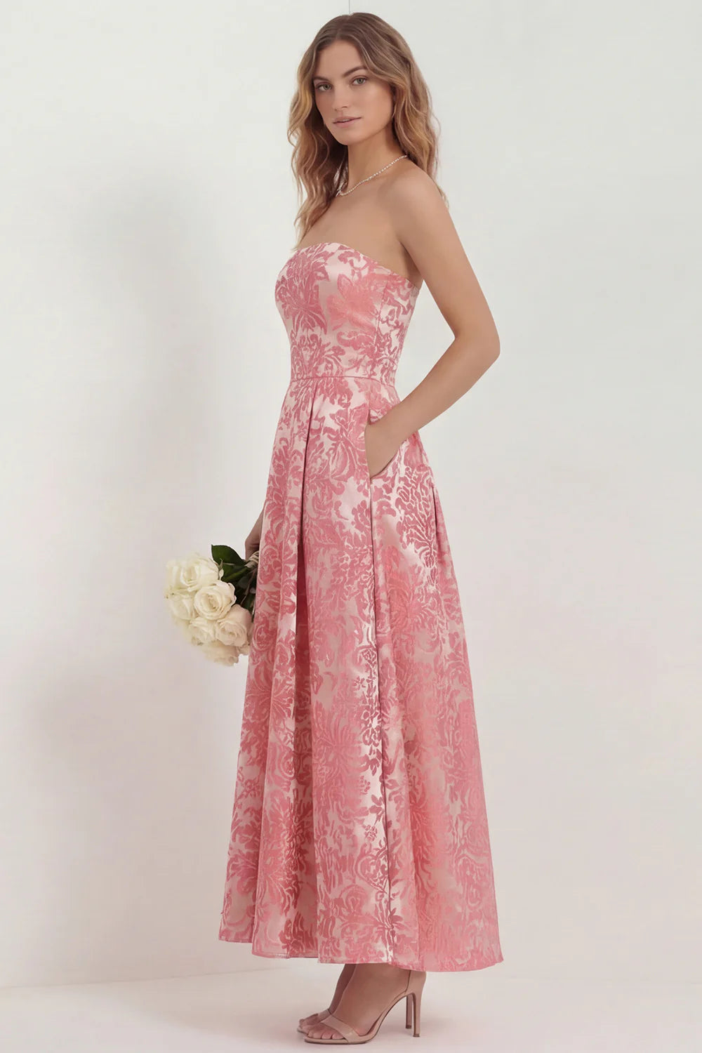 Strapless A Line Hot Pink Jacquard Midi Wedding Guest Dress with Pockets