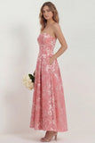 Strapless A Line Hot Pink Jacquard Midi Wedding Guest Dress with Pockets