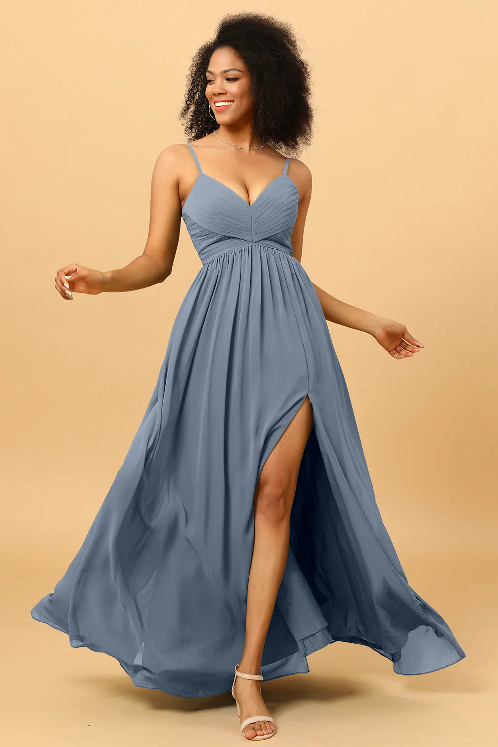 A Line Spaghetti Straps Ruched Long Chiffon Bridesmaid Dress with Slit
