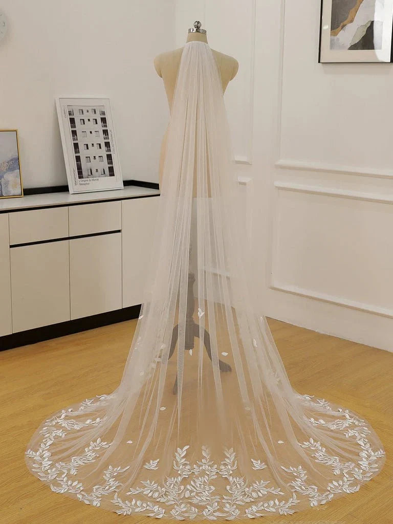 Simple Leaves Lace Chapel Train Veil Bridal Veil Wedding Veil