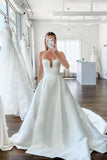 A Line V Neck Satin Wedding Dresses with Detachable Straps