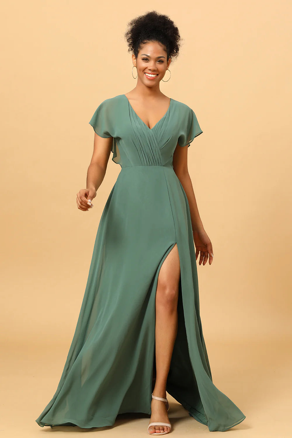 A Line V Neck Ruched Chiffon Bridesmaid Dress with Slit