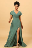 A Line V Neck Ruched Chiffon Bridesmaid Dress with Slit