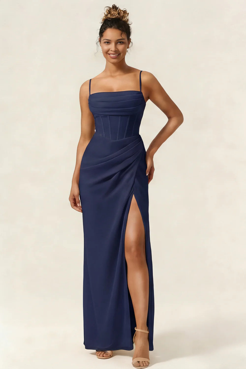 Green Flower Mermaid Corset Chiffon Long Bridesmaid Dress with Slit