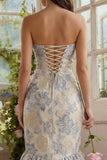 Strapless Dusty Blue Brocade Mermaid Wedding Guest Dress