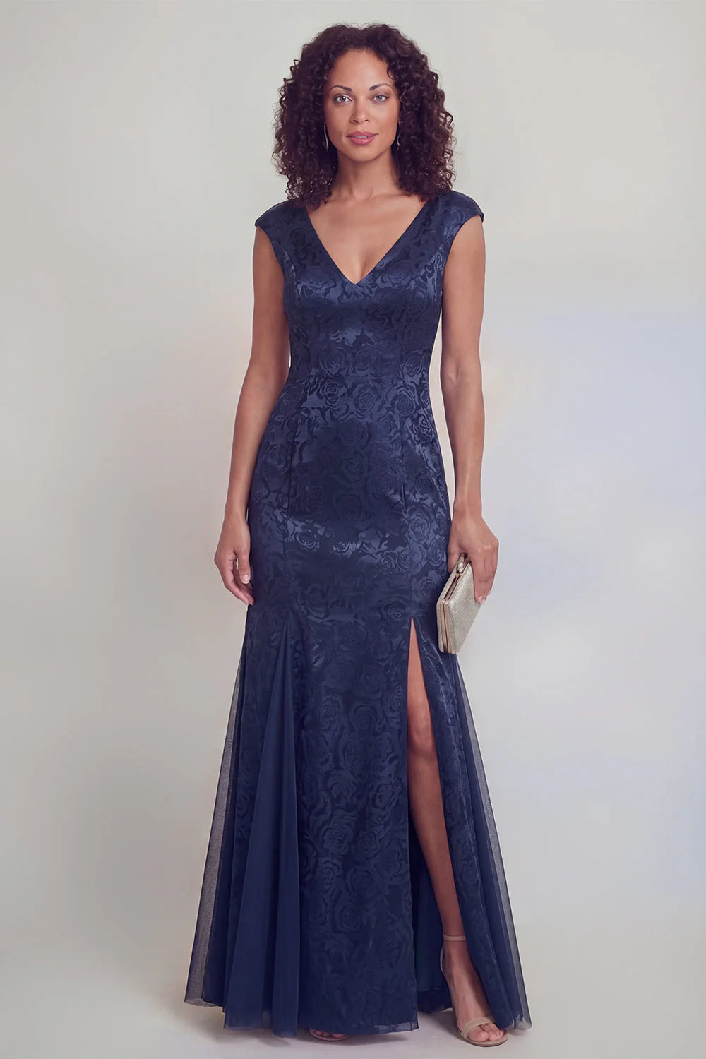 Sage Green Jacquard Mermaid V Neck Maxi Mother of the Bride Dress with Slit
