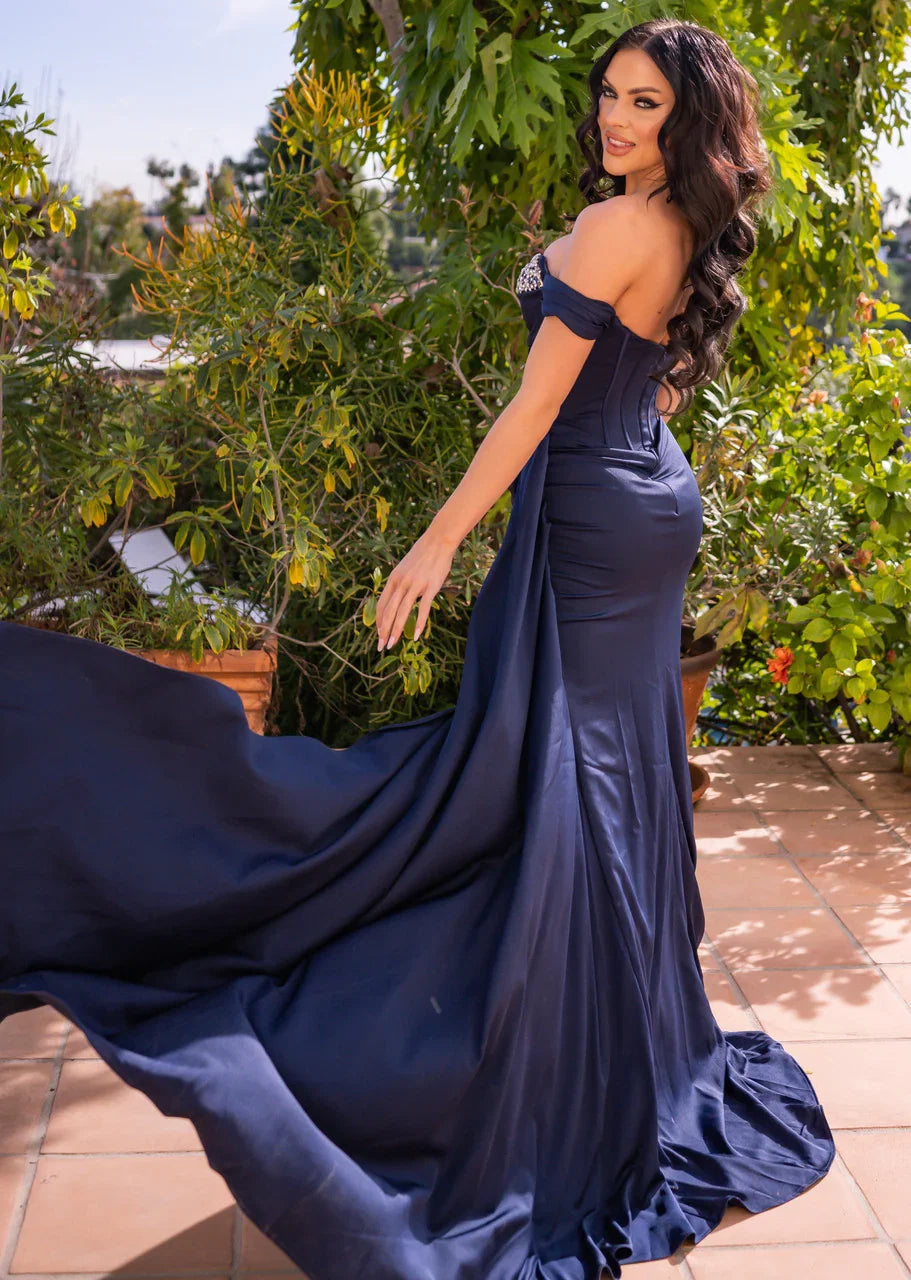 Katrina Gown Navy Corset Dress With Crystal Detail