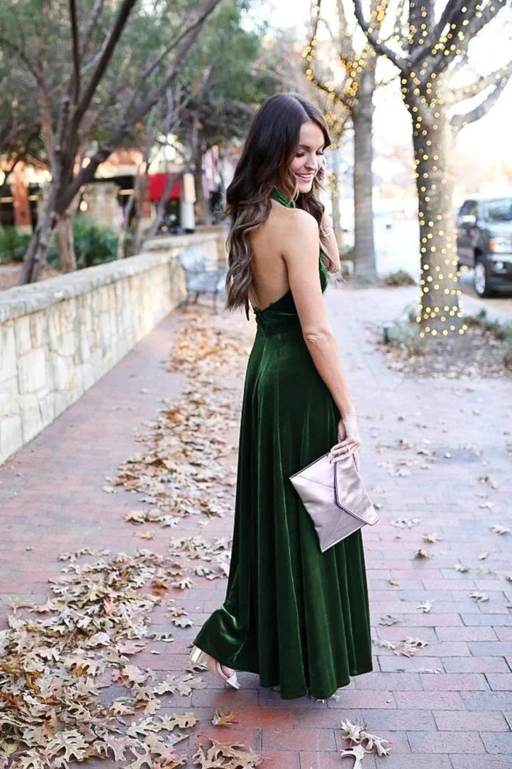 Elegant A Line Halter Backless Burgundy Velvet Long Bridesmaid Dresses Prom Gown