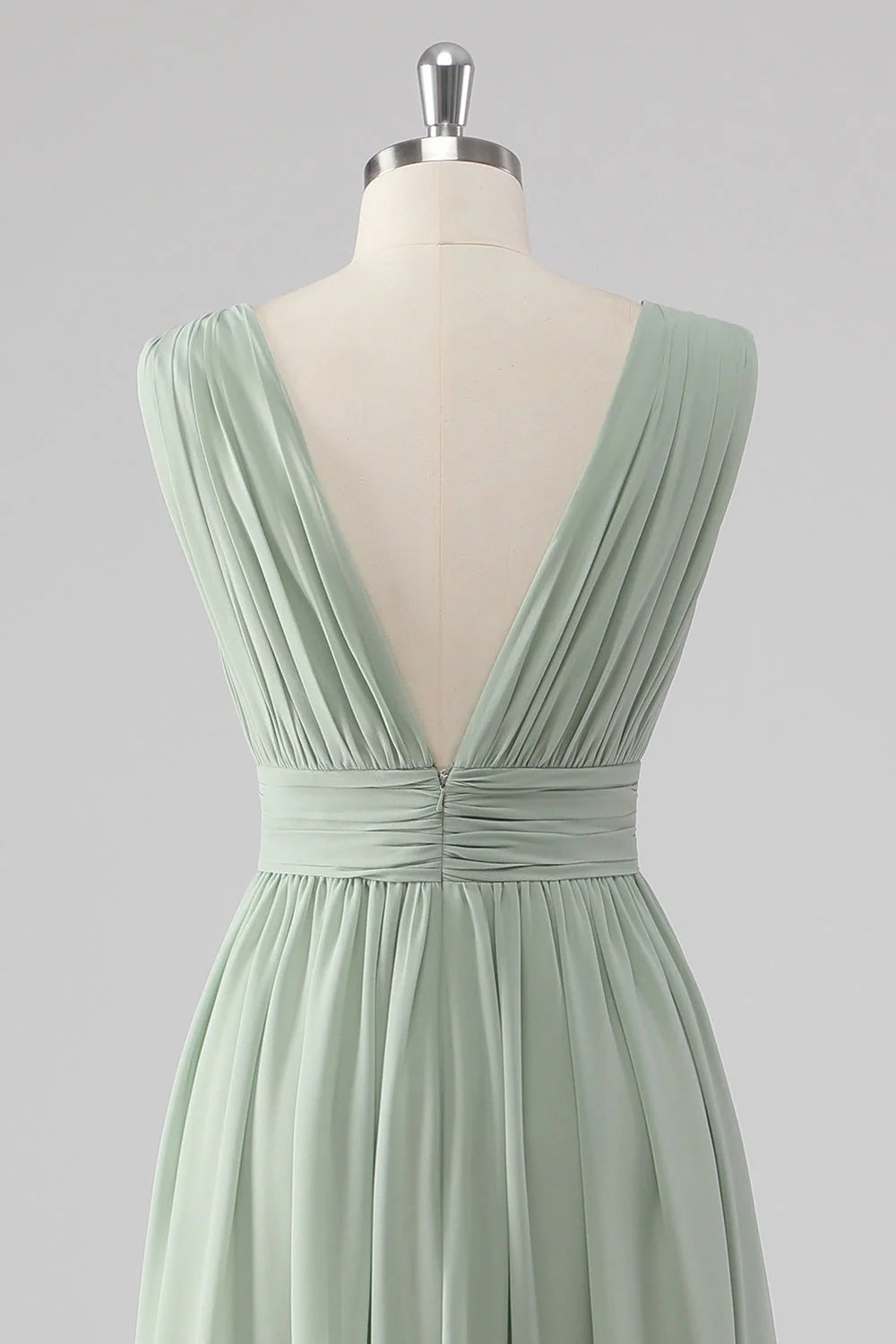 Sage Green V Neck Pleated Chiffon Long Bridesmaid Dress with Slit
