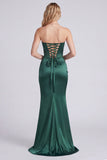 Dark Green Strapless Mermaid Corset Satin Formal Dress with Slit