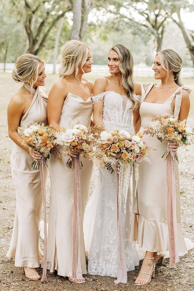 Champagne Sheath Satin Long Mismatch Bridesmaid Dress