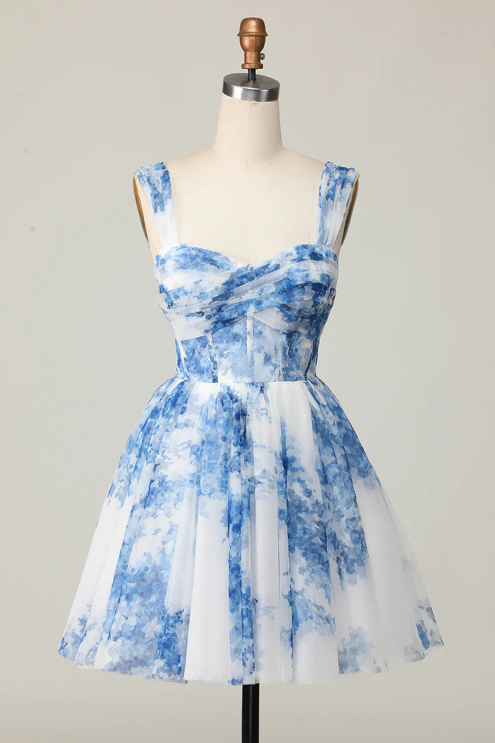 White Blue Flower Off The Shoulder Printed Corset Homecoming Dress with Ruffles