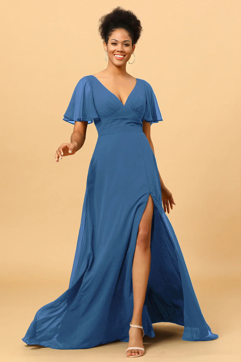 A Line V Neck Long Chiffon Bridesmaid Dress with Slit